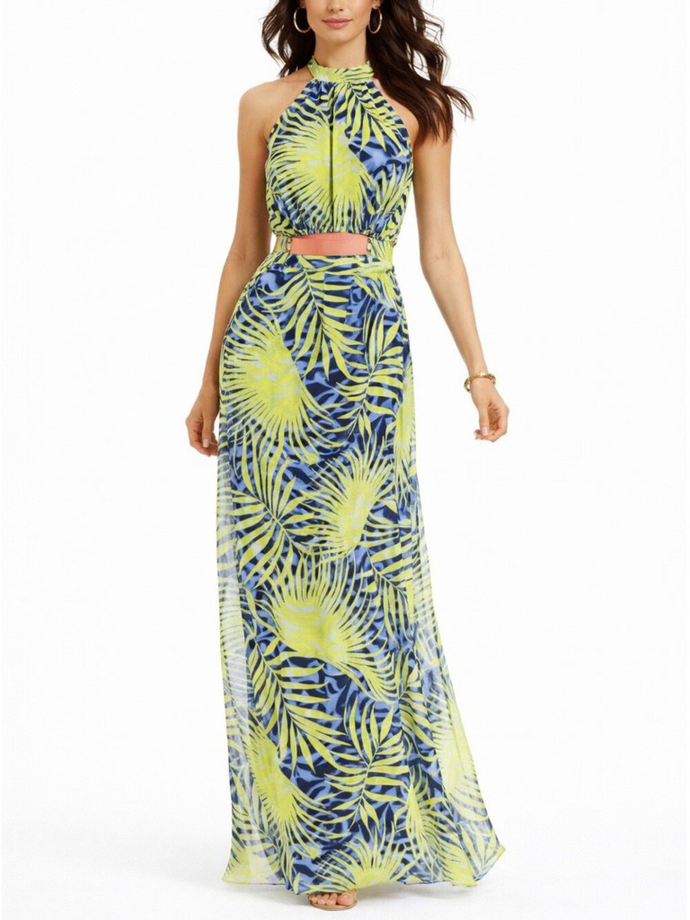 Guess by Marciano Tropical Palm Halter Maxi Dress Size XS
